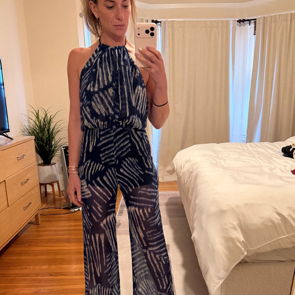 Reformation Navy and White Halter Wide-Leg Jumpsuit - Picture 2 of 3